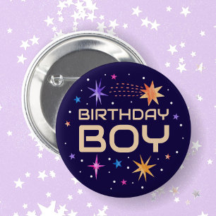 Birthday Boy Outer Space Stars Dunkel Lila Button