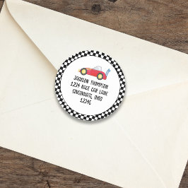 Birthday Boy Race Car Whimsical Rücksendeadresse Runder Aufkleber