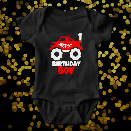 Birthday Boy Red Monster Truck mit Age Black Baby Strampler