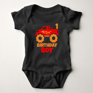 Birthday Boy Red Monster Truck mit Age Orange Baby Strampler