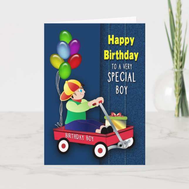 Birthday Boy Red Wagon und Balloons auf Denim Card Karte (Vorderseite)