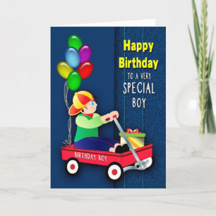 Birthday Boy Red Wagon und Balloons auf Denim Card Karte