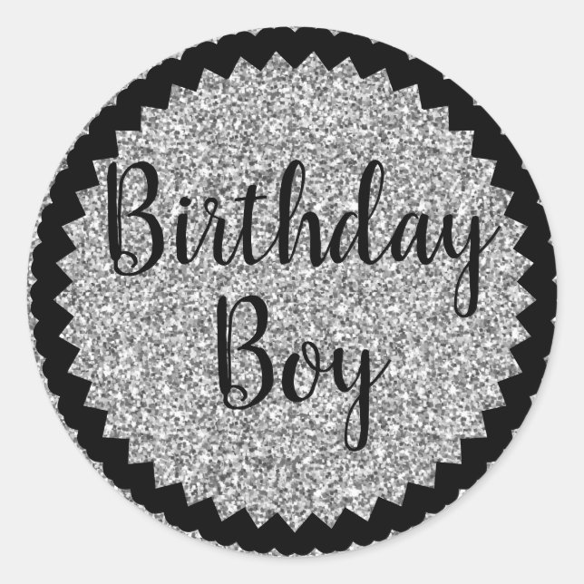Birthday Boy Silver Glitzer Classic Round Sticker (Vorderseite)