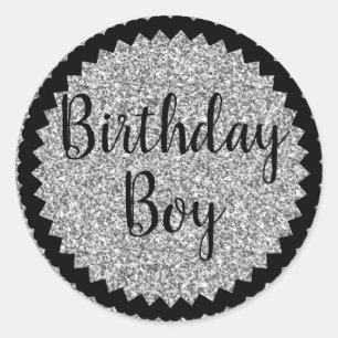 Birthday Boy Silver Glitzer Classic Round Sticker