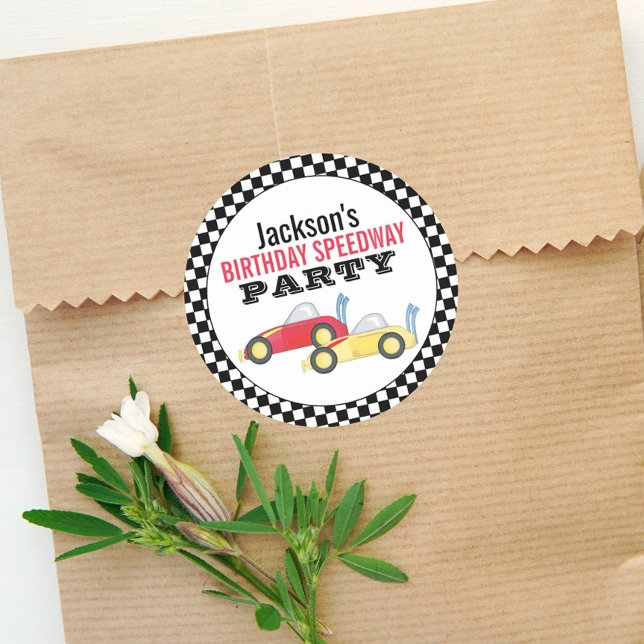 Birthday Boy Simple Race Car Whimsical Party Runder Aufkleber (Von Creator hochgeladen)