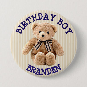 Birthday Boy Tan und Blue Teddy Bären Button