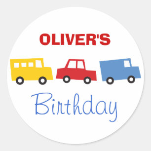 Birthday Boy Toys Colorful Cars Trains Bus Trucks Runder Aufkleber