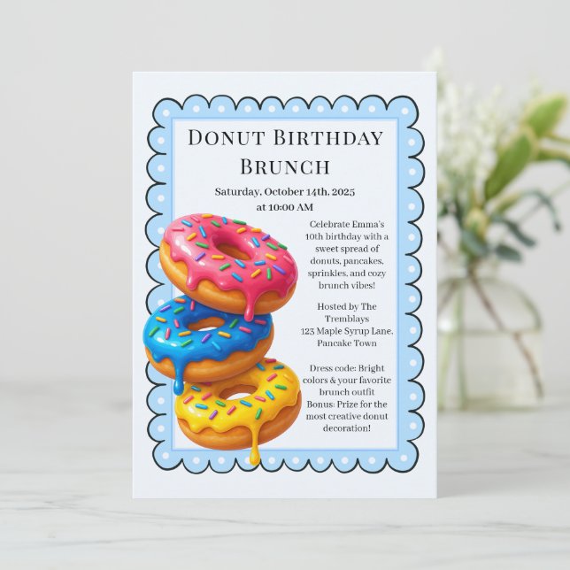 Birthday Brunch Party | Pfannkuchen und Donuts Einladung (Stehend Vorderseite)