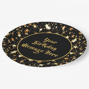Birthday Brush Script Black Gold Stars personalisi Pappteller