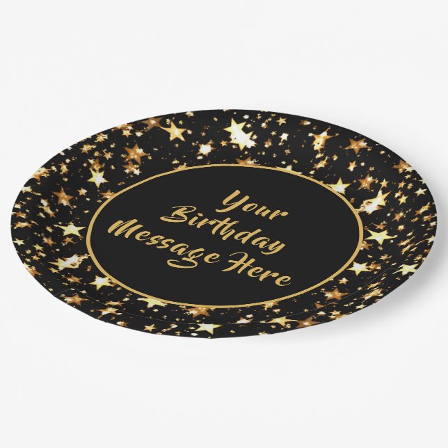 Birthday Brush Script Black Gold Stars personalisi Pappteller (Schrägansicht)