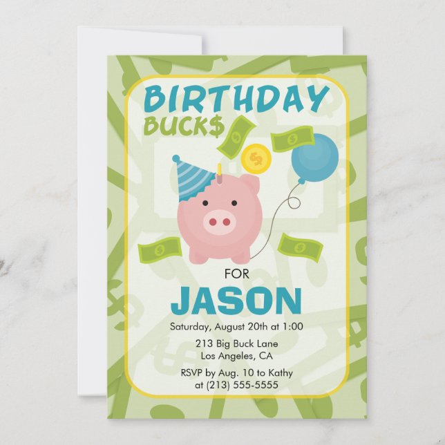 Birthday Bucks Piggy Bank Boy Party Einladung (Vorderseite)