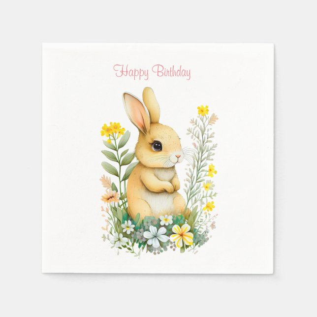 Birthday Bunny & Blume über White Napkins Serviette (Vorderseite)