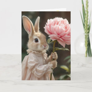 Birthday Bunny Holding a Pink Peony Karte