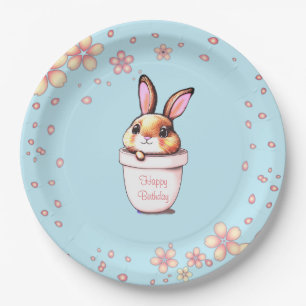 Birthday Bunny Pflanze Pot & Blume über Light Blue Pappteller
