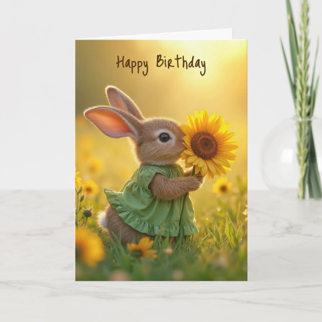 Birthday Bunny Sniffen a Gelbe Sonnenblume Karte (Vorderseite)