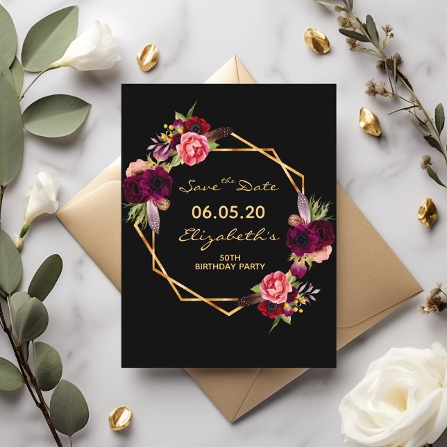 Birthday burgundy Black Save the Date card Postkarte (Von Creator hochgeladen)