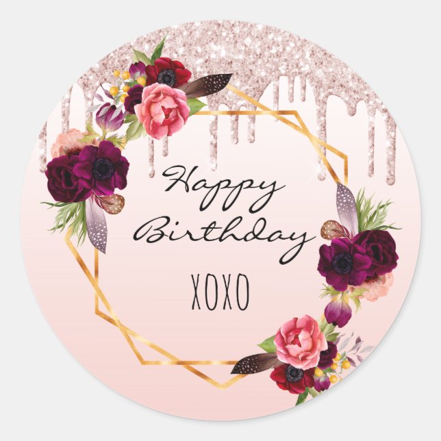 Birthday burgundy Blumen Rose Gold Glitzer Tropfen Runder Aufkleber (Vorderseite)