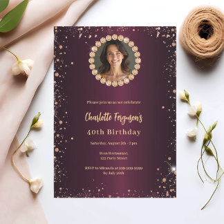 Birthday burgundy Diamonds Glitzer Foto Einladung