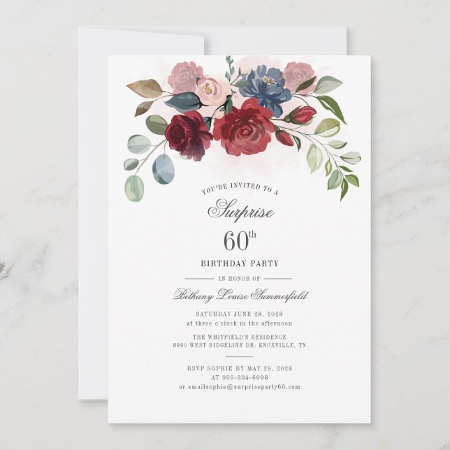 Birthday Burgundy Floral Geburtstagsparty Einladung (Vorderseite)