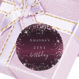 Birthday burgundy pink Glitzer Staubname-Skript Runder Aufkleber