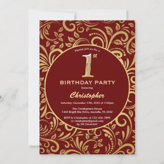 Birthday Burgundy Red and Gold Floral Pattern Einladung
