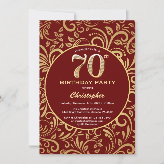 Birthday Burgundy Red and Gold Floral Pattern Einladung (Vorderseite)