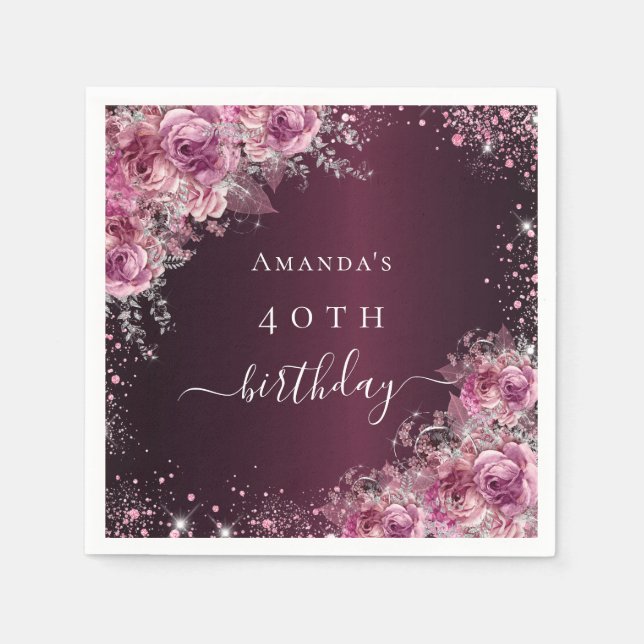 Birthday burgundy rosa Blume Namensskript Serviette (Vorderseite)