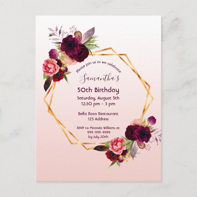 Birthday burgundy Rose Gold Einladung Postkarte (Vorderseite)