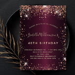 Birthday burgundy Rose Gold Glitzer Luxus Einladung<br><div class="desc">Für einen eleganten 40. Geburtstag (oder jedes Alter). Eine burgundische Hintergrundfarbe. Dekoriert mit Rose Gold Imitat Glitzer,  Glitzern. Personalisieren und fügen Sie Namen,  Alter und Party Details hinzu. Der Name wird mit einem handgeschriebenen Stilskript geschrieben</div>