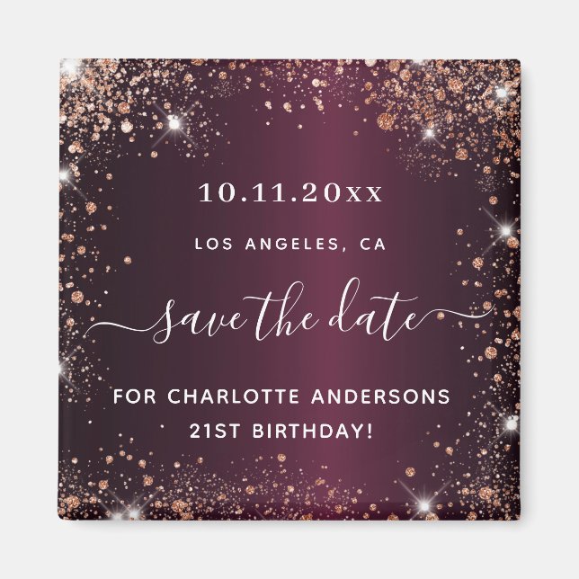 Birthday burgundy Rose Gold Glitzer Save the Date Magnet (Vorne)