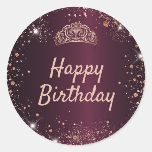 Birthday burgundy Rose Gold Glitzer Tiara Krone Runder Aufkleber