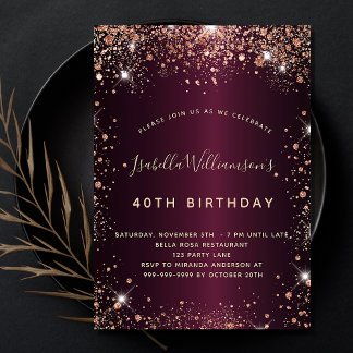 Birthday burgundy Rose Gold Glitzern Einladung