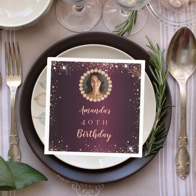 Birthday burgundy rose gold photo diamonds serviette (Von Creator hochgeladen)