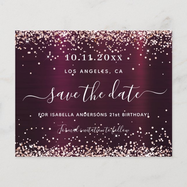Birthday burgundy Rose Gold Save the Date Karte (Vorderseite)
