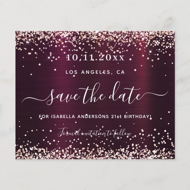 Birthday burgundy Rose Goldbudget Save the Date Flyer (Vorne)