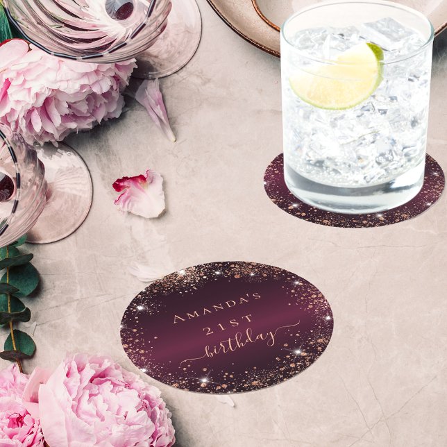 Birthday burgundy Rose goldener Name elegant Runder Pappuntersetzer (Von Creator hochgeladen)