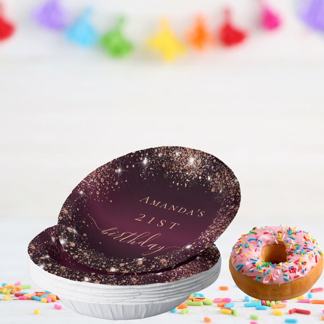 Birthday burgundy Rose Goldname-Skript Pappteller (Von Creator hochgeladen)