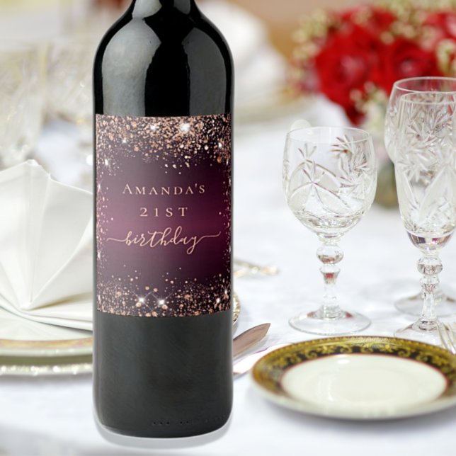 Birthday burgundy Rose Goldname-Skript Weinetikett (Von Creator hochgeladen)