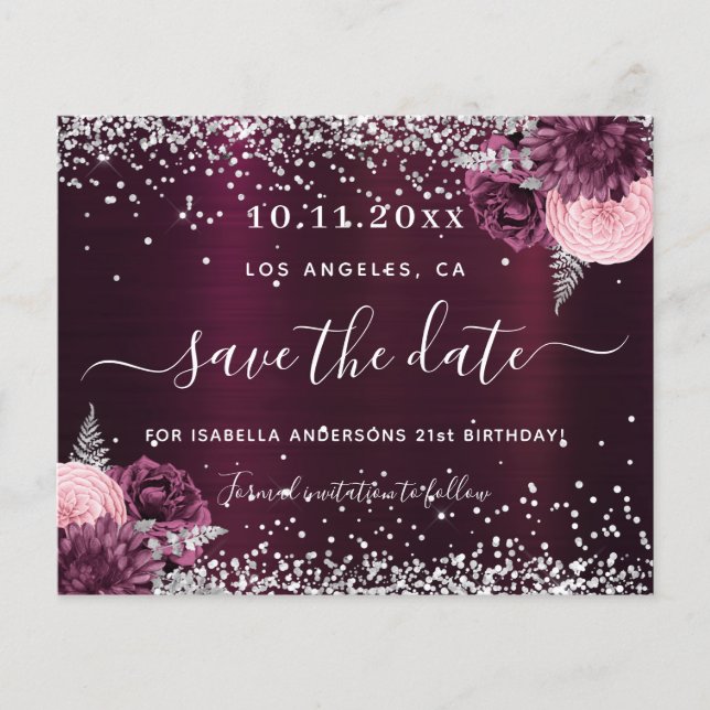 Birthday burgundy silberblümlich Save the Date (Vorderseite)