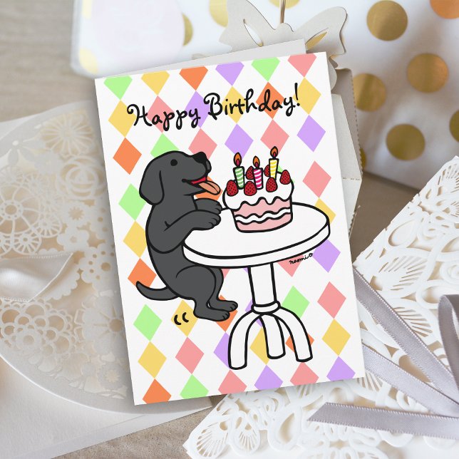 Birthday Cake Black Labrador Cartoon Karte (Birthday Cake Black Labrador Cartoon Birthday Card with colorful background for dog lovers.)