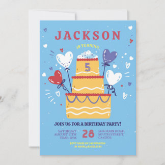 Birthday Cake Invite Blue Boys Balloons Party Einladung