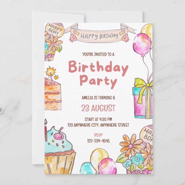 Birthday Cake Kids Party Invitation  Einladung (Vorderseite)