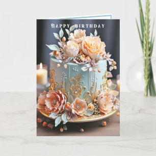 Birthday Cake Light Blue Peach Gold Filigree Karte