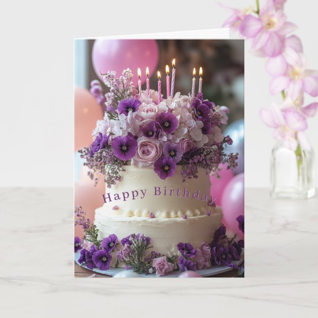 Birthday Cake Purple Pansies Hydrangea Birthday Karte (Orchidee)