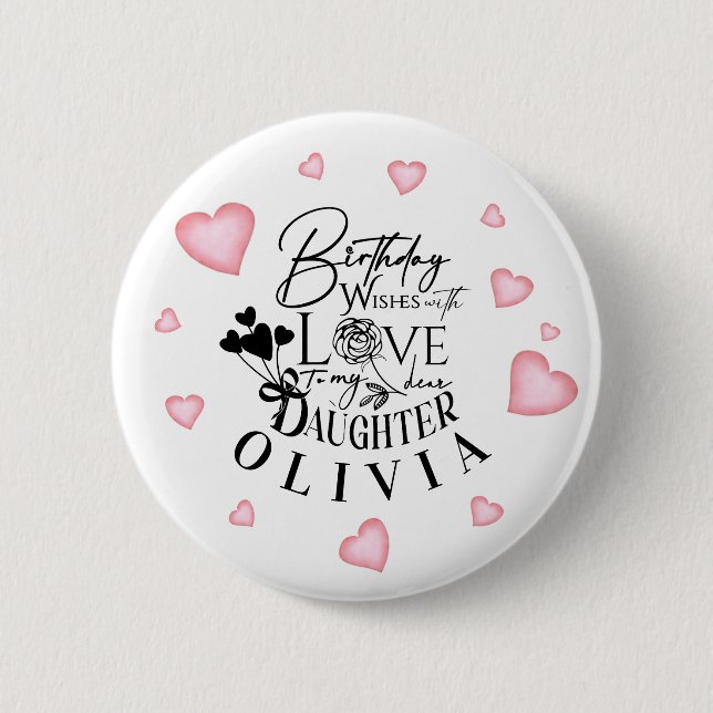 Birthday Calligraphy Custom Name Minimalist Hearts Button (Vorderseite)