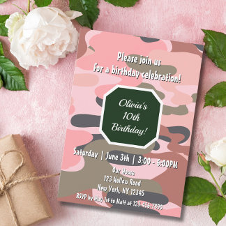 Birthday Camouflage Pink Green Cute Girl  Einladung