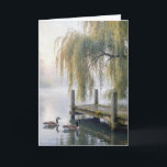 Birthday Canada Geese with Lake Dock Karte<br><div class="desc">A tranquil lake features a rustic wooden dock beneath elegant willow branches in the mist,  while two Canada geese glide across the still water,  creating gentle ripples behind them. 
The inside text can be changed.</div>
