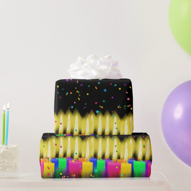 Birthday Candles and Confetti on Black Geschenkpapier (Partygeschenke)