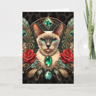 Birthday Card Siamese Cornish Rex Floral Vintag Karte