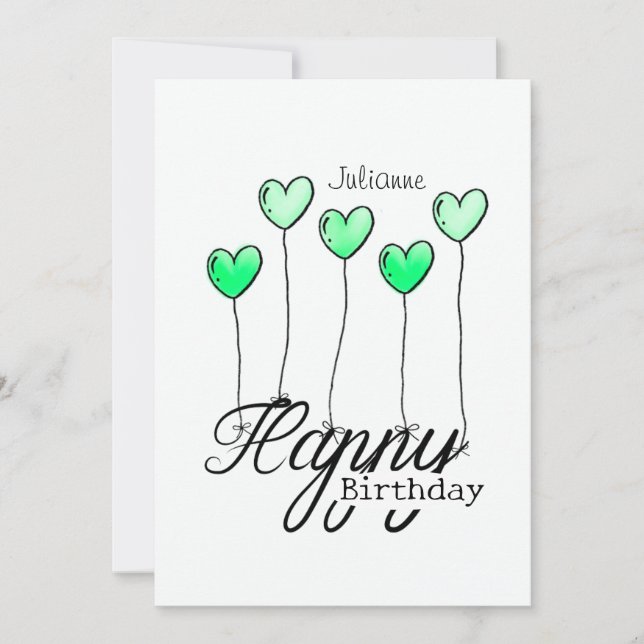 Birthday Card With Green Heart Balloons And Name Karte (Vorderseite)
